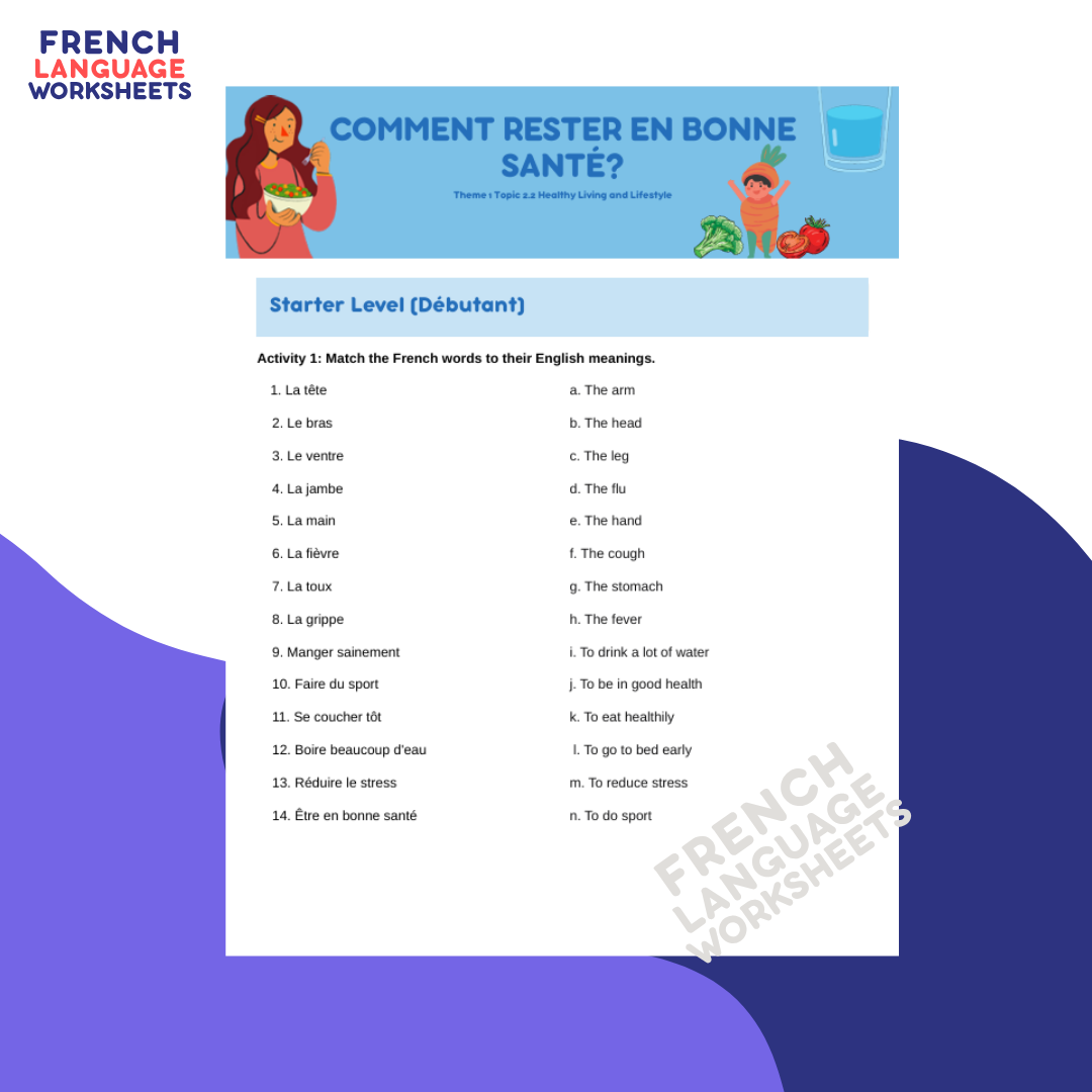 Comment rester en bonne santé? GCSE French Worksheet (AQA Theme 1)