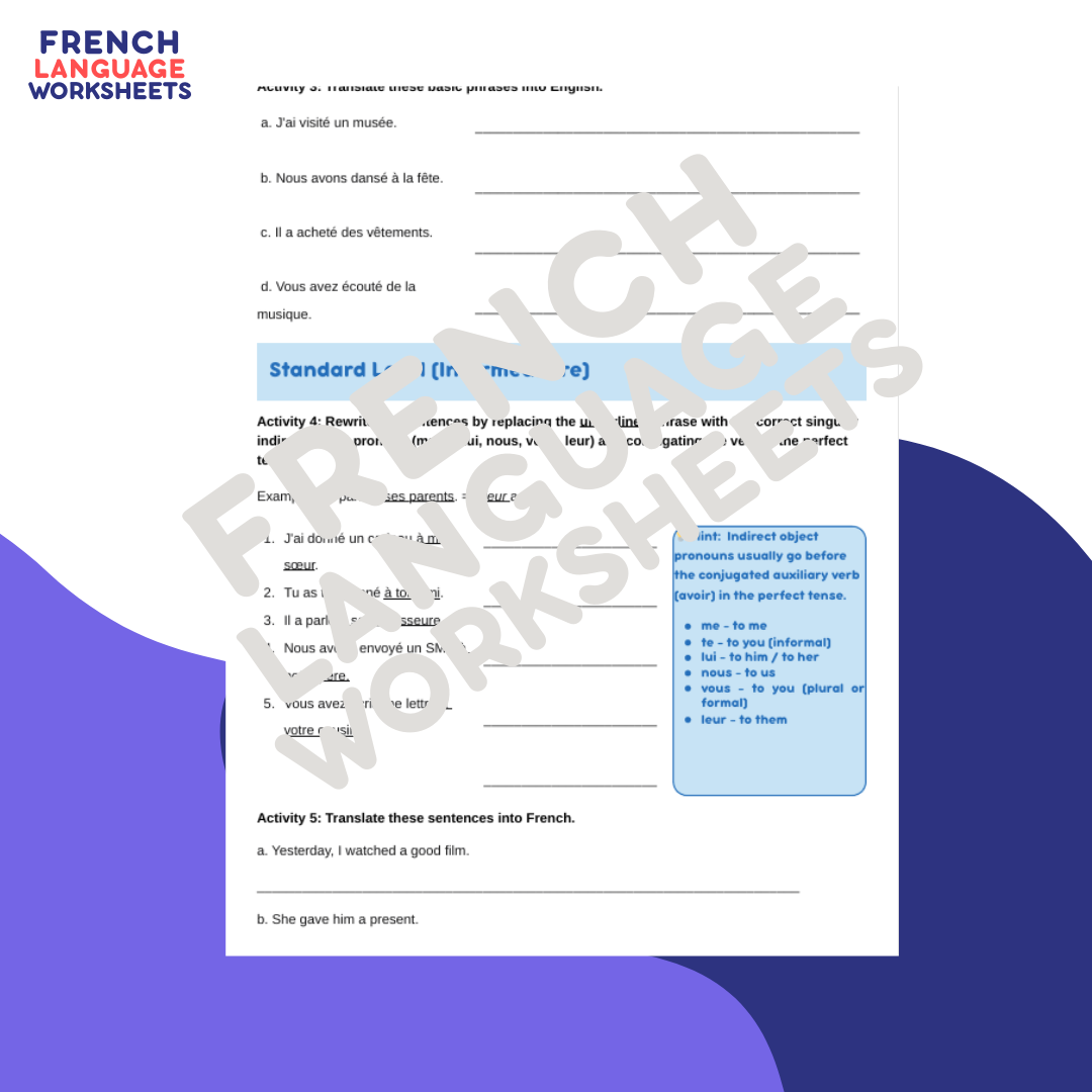 Hier, J'ai... GCSE French Worksheet (AQA Theme 1)