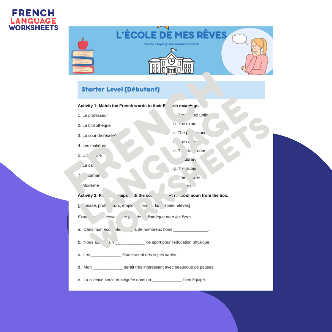 L'école de mes rêves GCSE French Worksheet (AQA Theme 1)