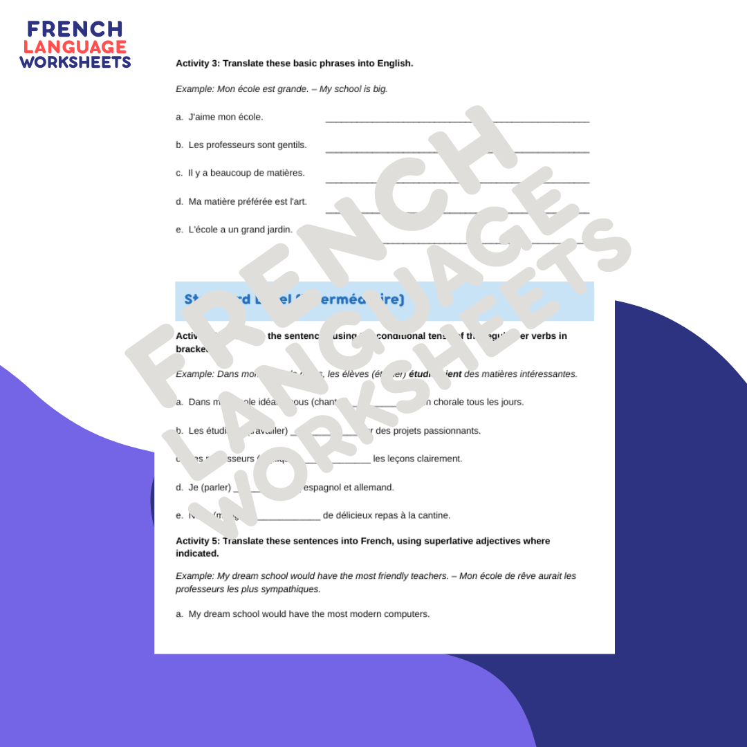 L'école de mes rêves GCSE French Worksheet (AQA Theme 1)