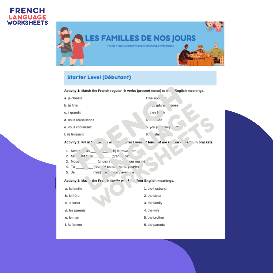 Les Familles de Nos Jours - GCSE French Worksheet (AQA Theme 1)