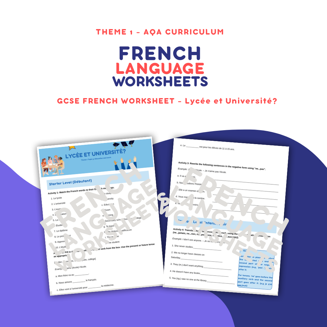 Lycée et Université? GCSE French Worksheet (AQA Theme 1)