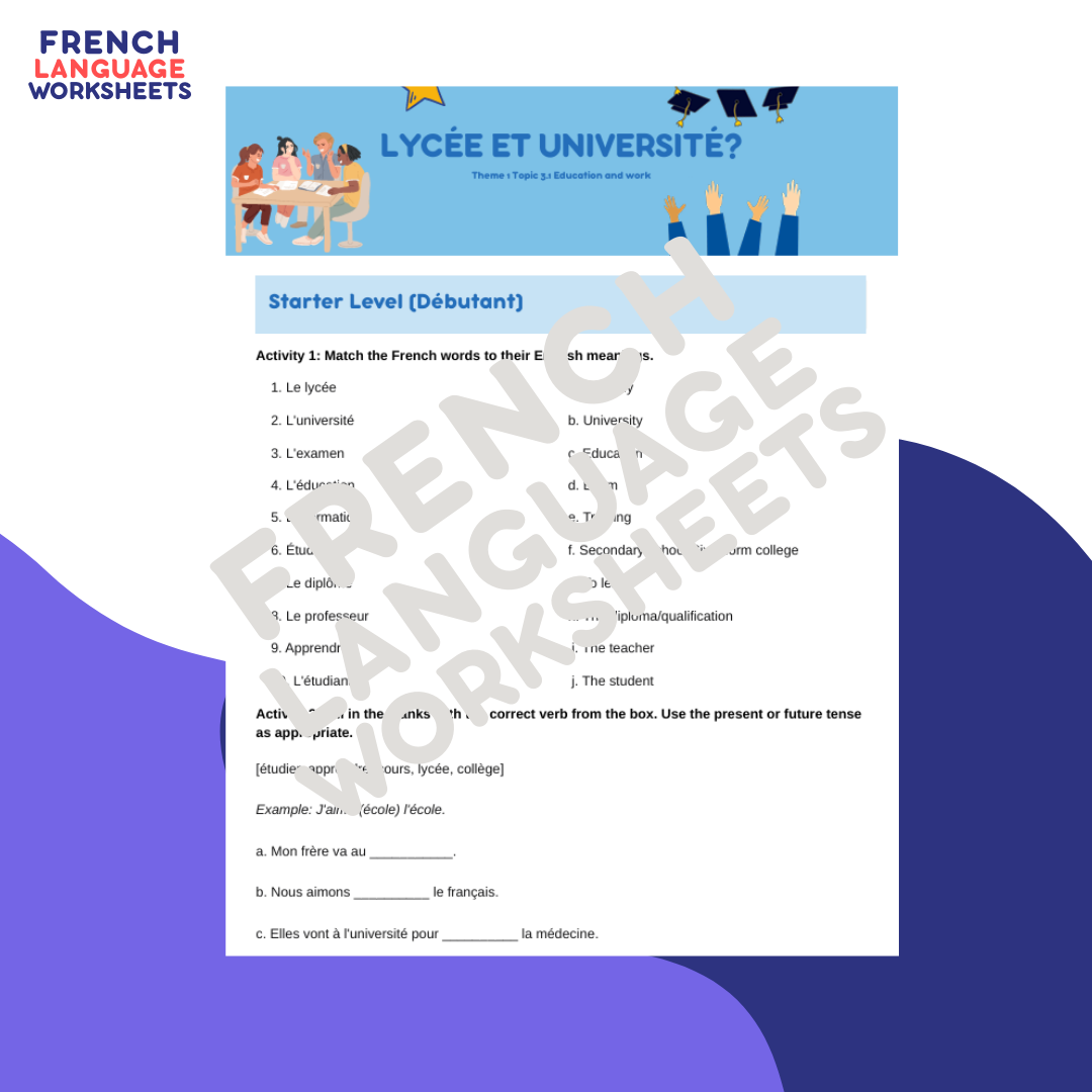 Lycée et Université? GCSE French Worksheet (AQA Theme 1)