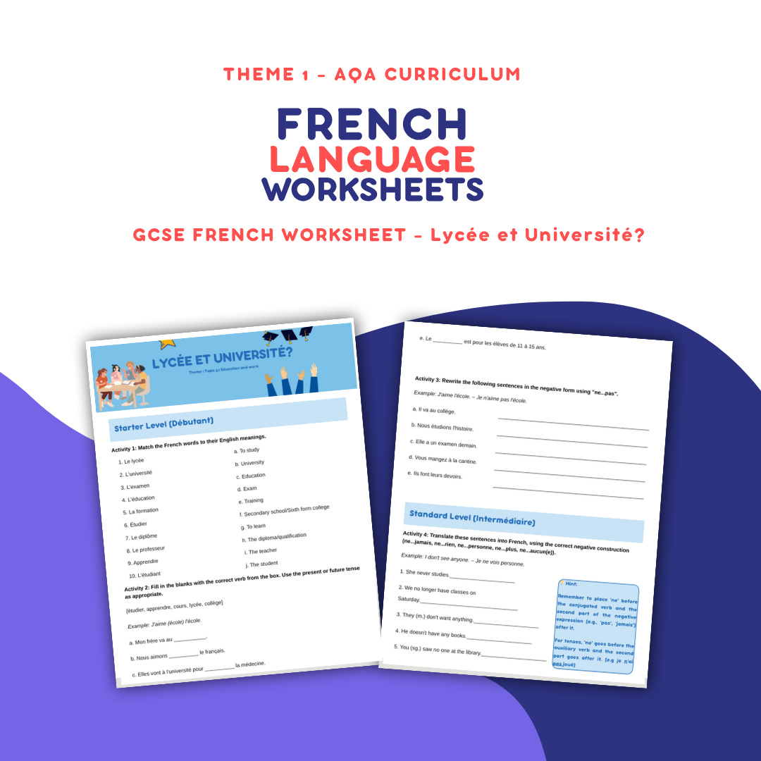 GCSE Theme 1 French Worksheet – Lycée et Université? – French Language ...