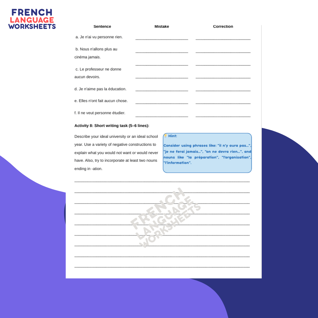 Lycée et Université? GCSE French Worksheet (AQA Theme 1)