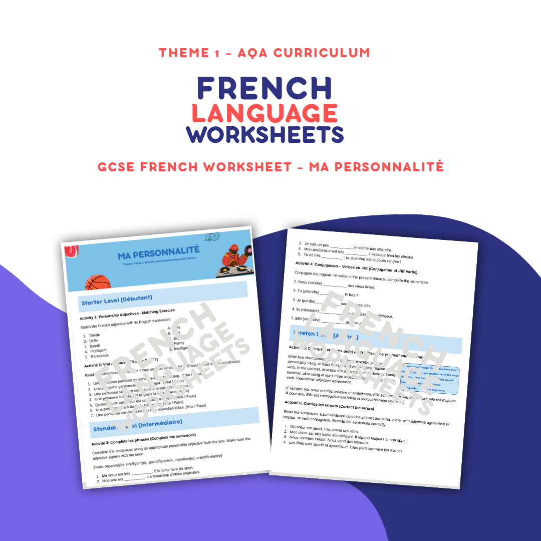 Ma Personnalité - GCSE French Worksheet (AQA Theme 1)