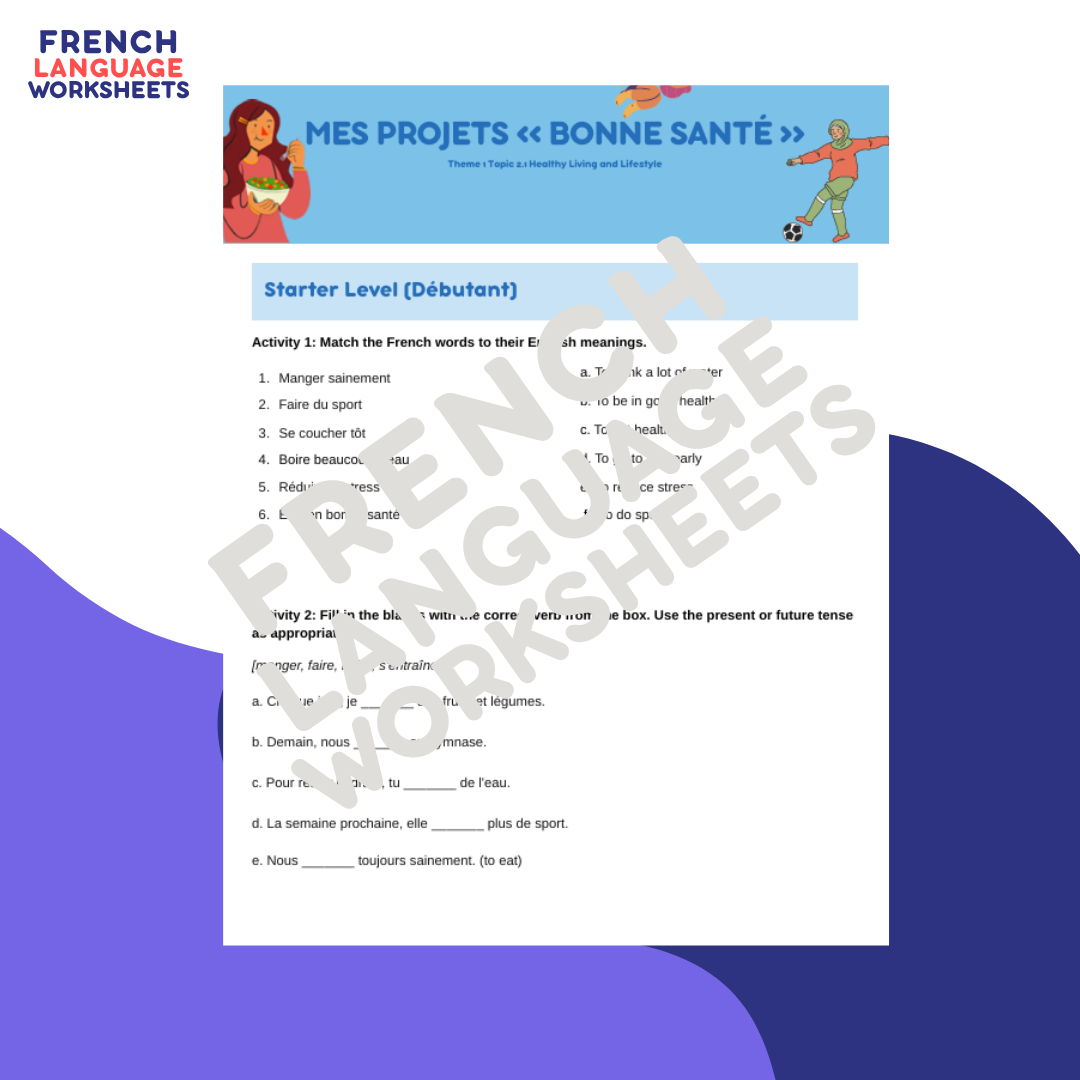 Mes Projets Bonne Santé - GCSE French Worksheet (AQA Theme 1)