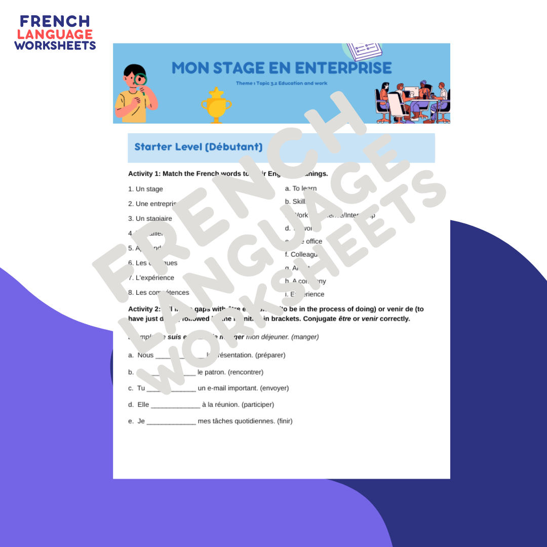 Mon Stage en Enterprise - GCSE French Worksheet (AQA Theme 1)