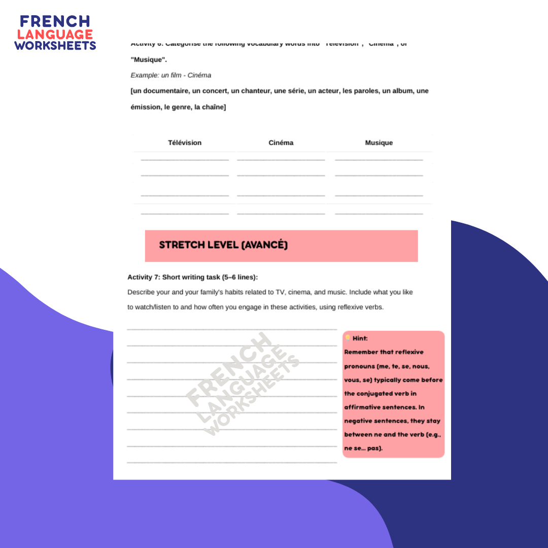 Télé, cinéma, musique! - GCSE French Worksheet (AQA Theme 2)