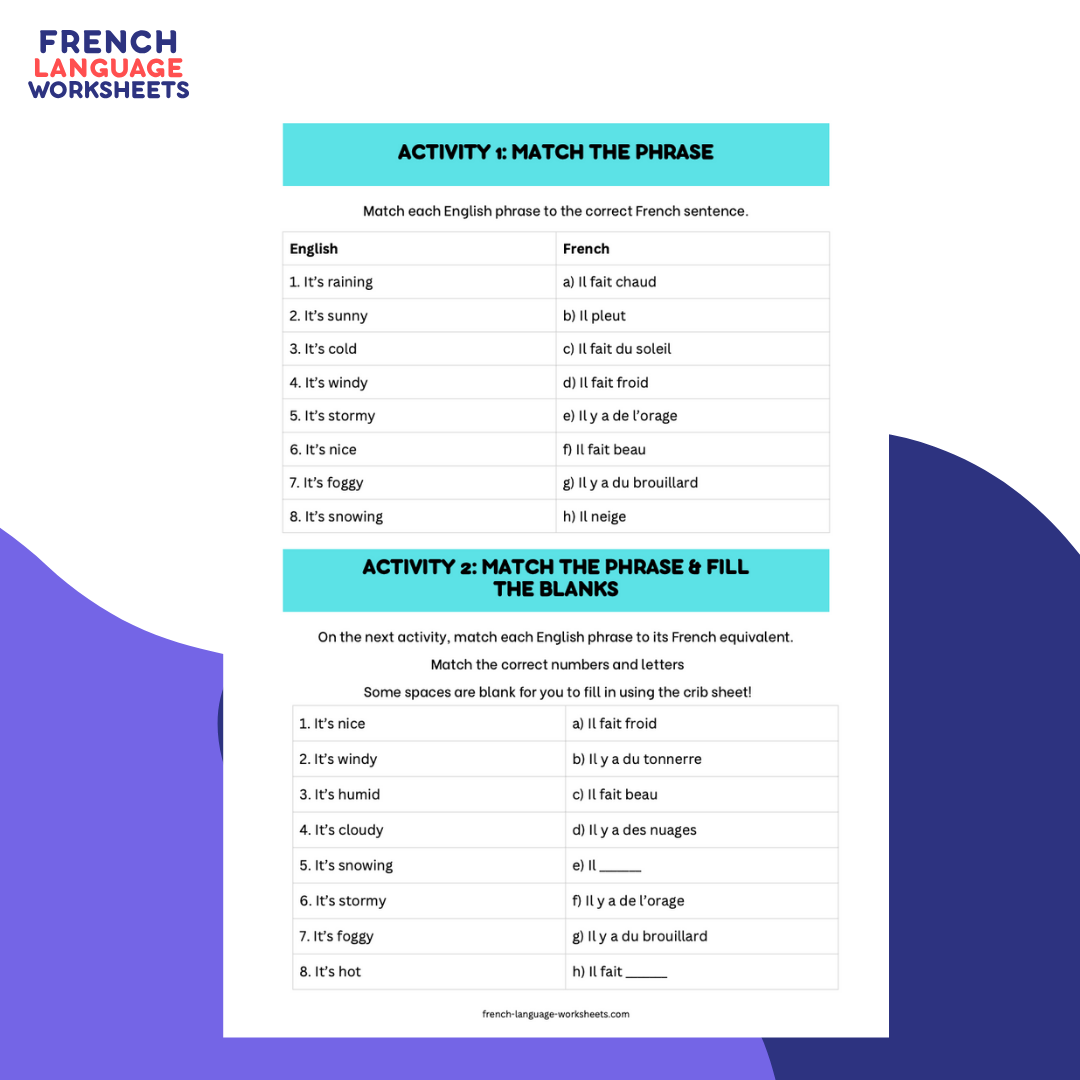 Beginner French Worksheets – Weather: Printable PDF + Answers