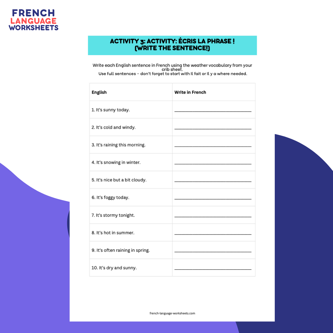 Beginner French Worksheets – Weather: Printable PDF + Answers