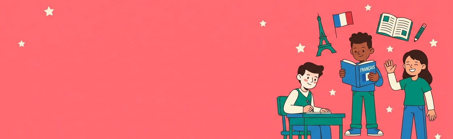 A pink illustrated banner with three cartoon students studying around books and a French flag, with the Eiffel Tower and scattered white stars.