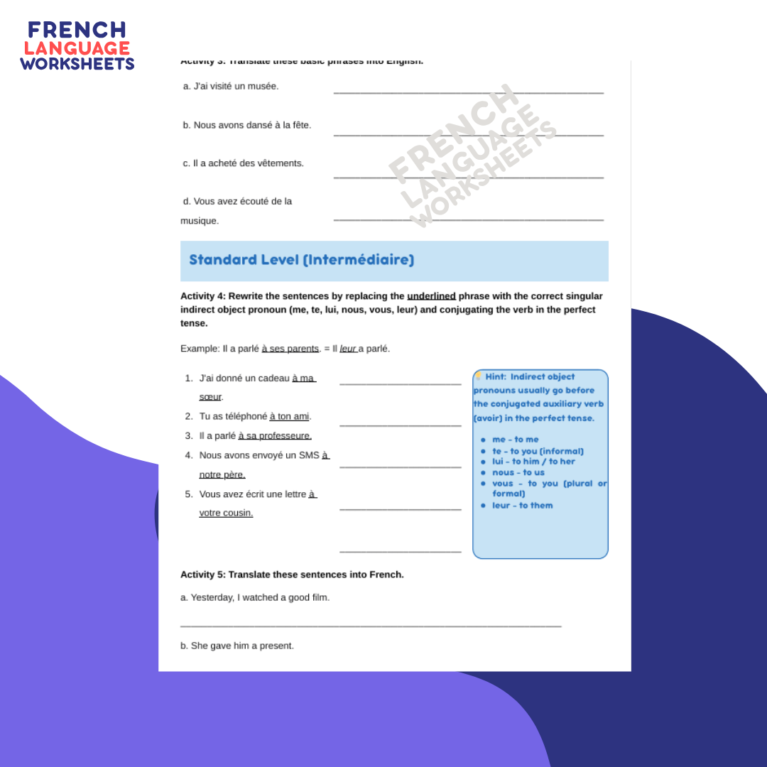 Hier, J'ai... GCSE French Worksheet (AQA Theme 1)