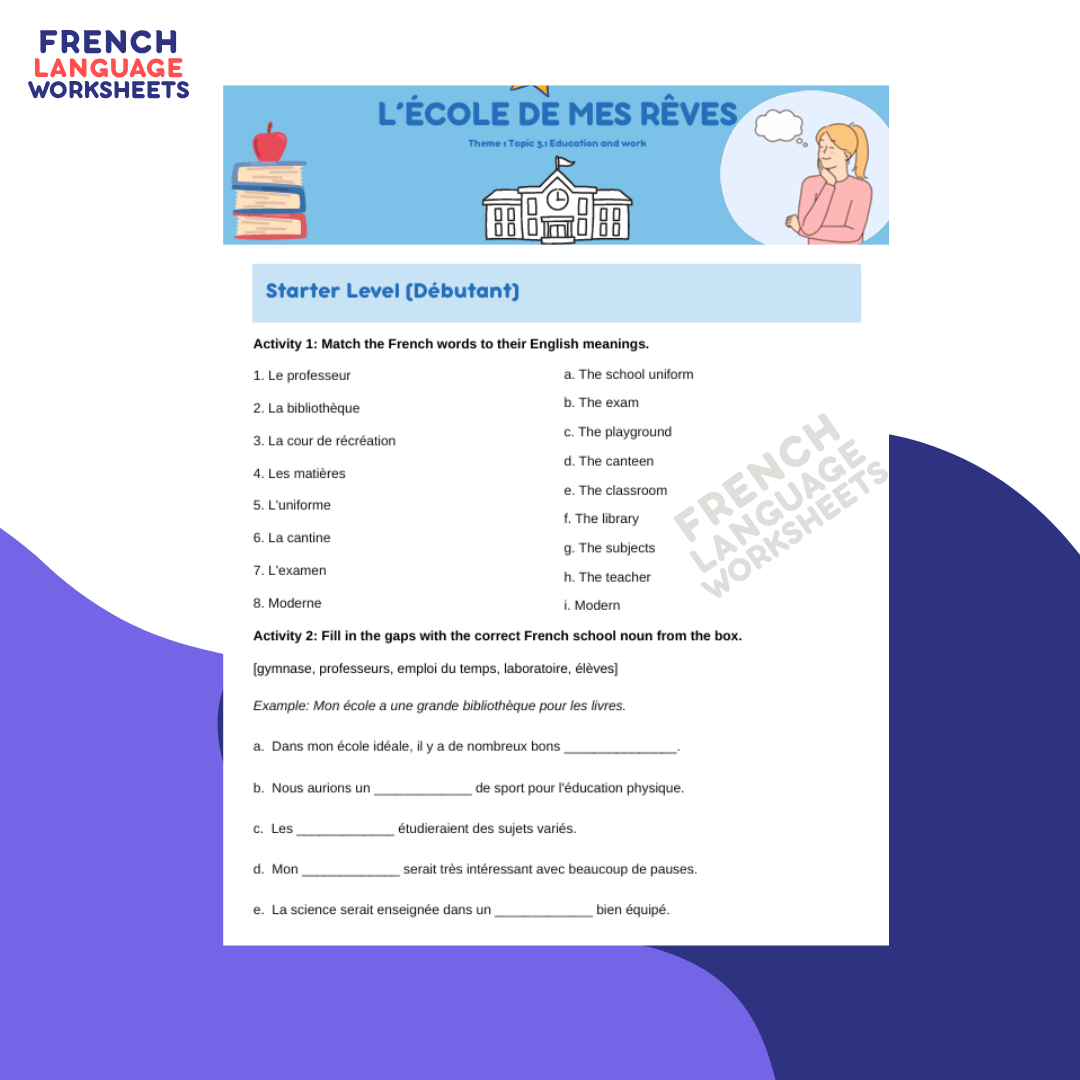 L'école de mes rêves GCSE French Worksheet (AQA Theme 1)