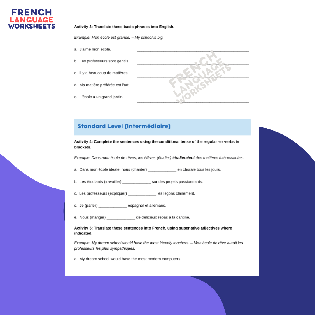 L'école de mes rêves GCSE French Worksheet (AQA Theme 1)
