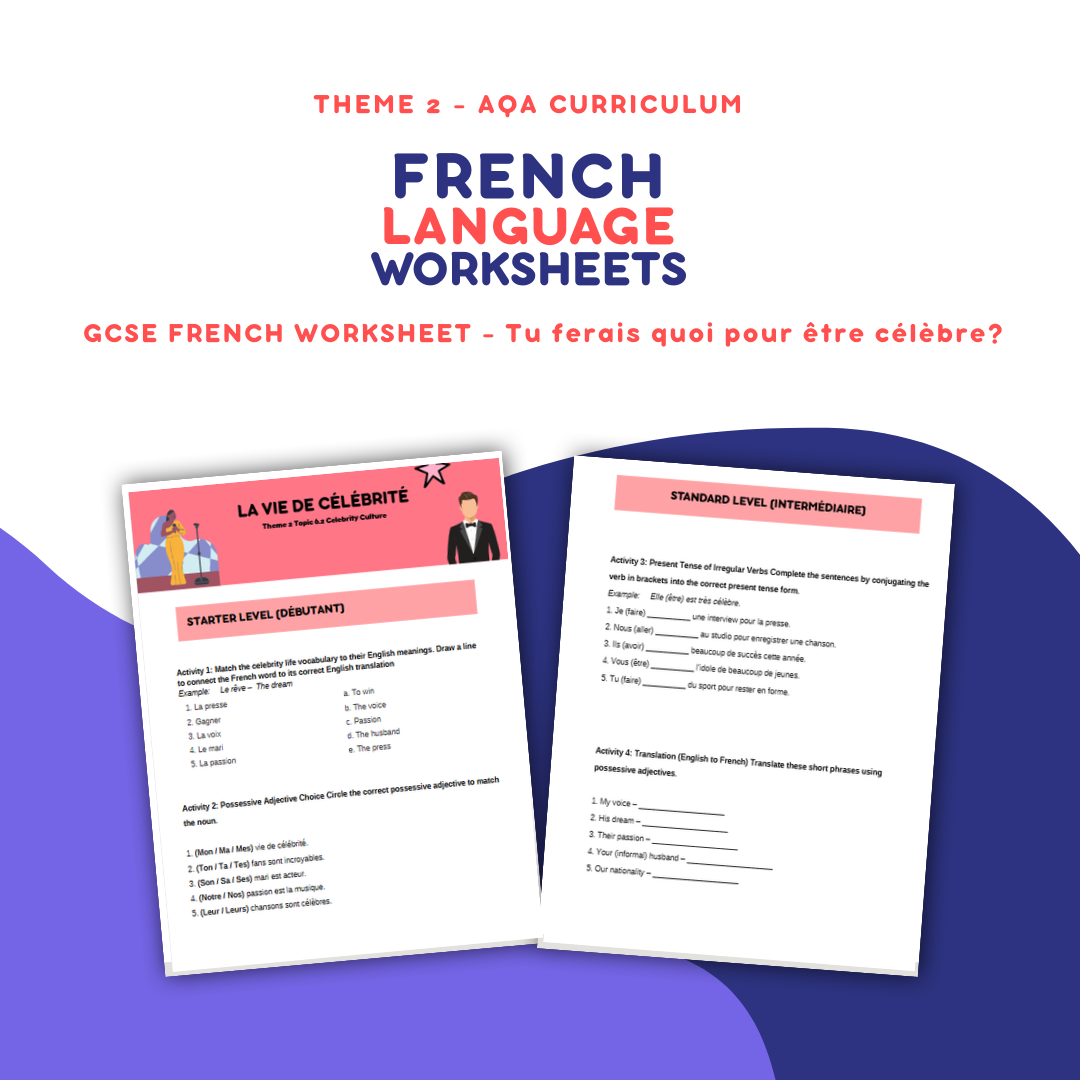 La vie de célébrité - GCSE French Worksheet (AQA Theme 2)