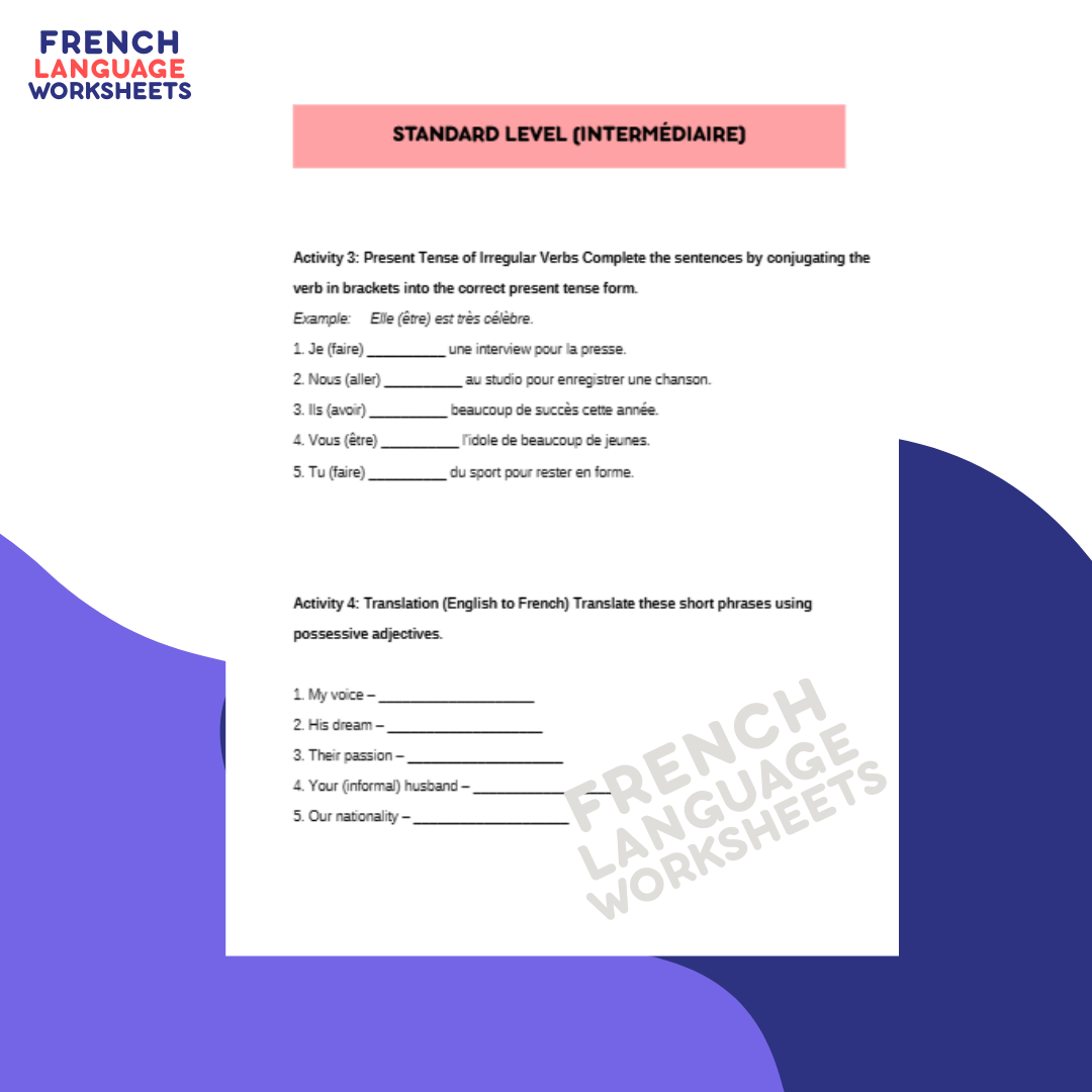 La vie de célébrité - GCSE French Worksheet (AQA Theme 2)