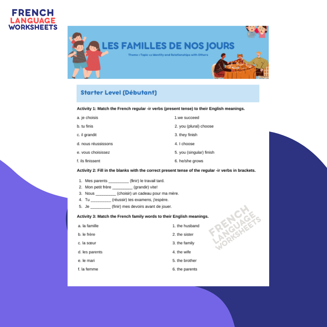 Les Familles de Nos Jours - GCSE French Worksheet (AQA Theme 1)