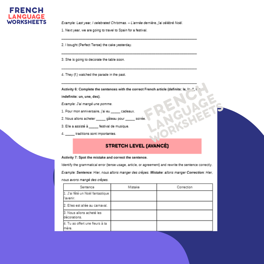 Les fêtes dans le passé et à l'avenir - GCSE French Worksheet (AQA Theme 2)