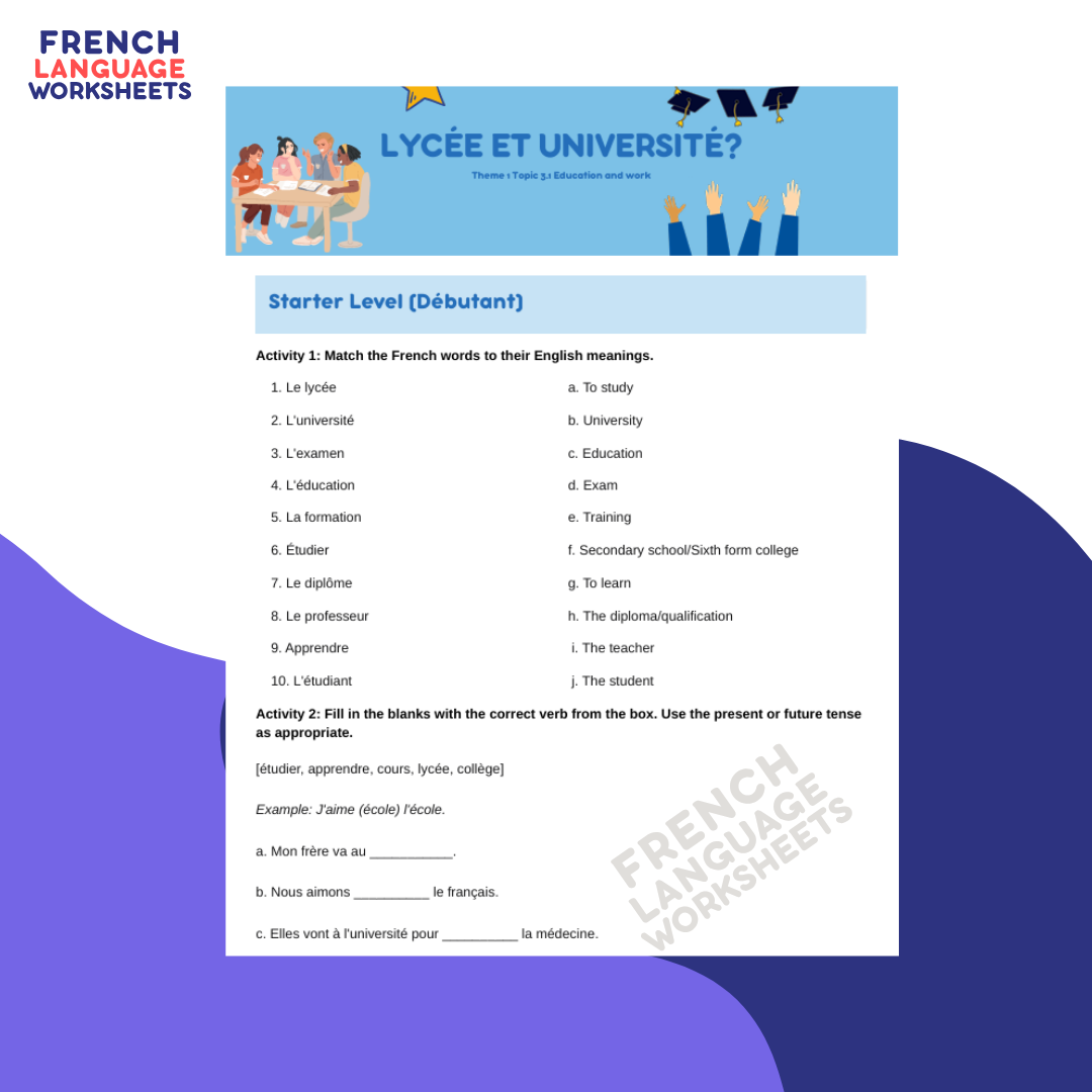 Lycée et Université? GCSE French Worksheet (AQA Theme 1)