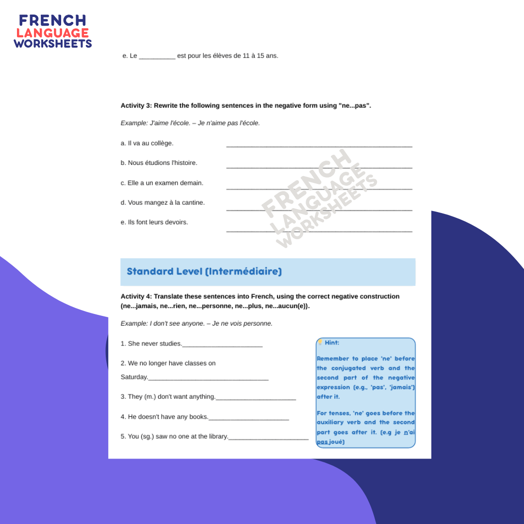 Lycée et Université? GCSE French Worksheet (AQA Theme 1)