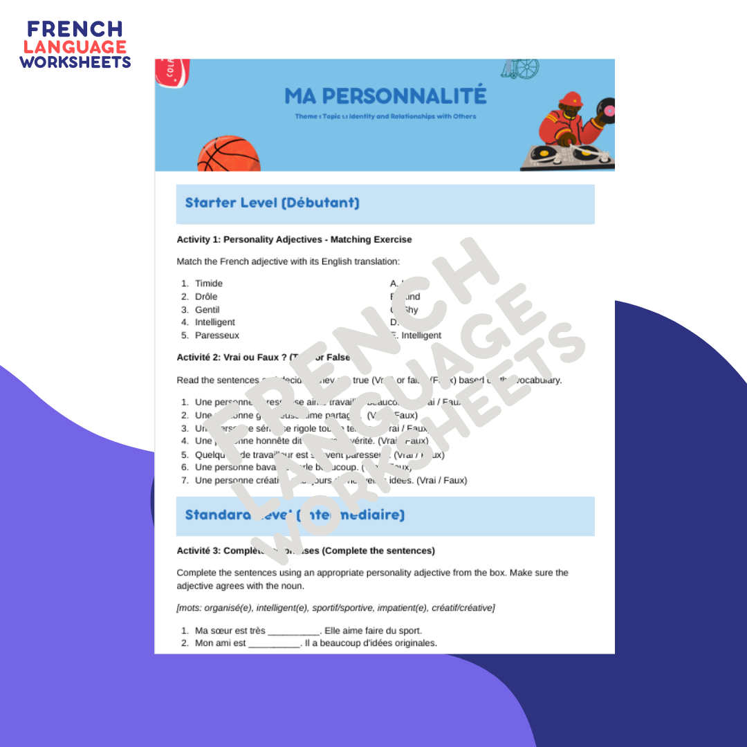 Ma Personnalité - GCSE French Worksheet (AQA Theme 1)