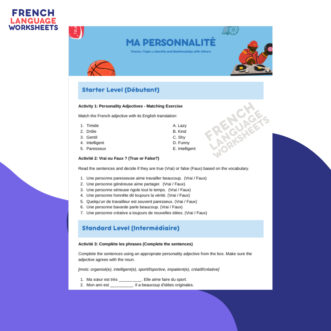 Ma Personnalité - GCSE French Worksheet (AQA Theme 1)