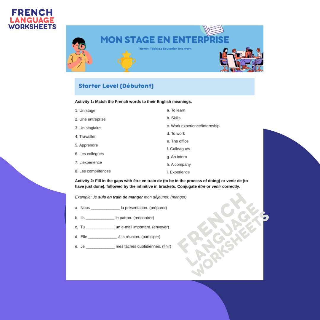 Mon Stage en Enterprise - GCSE French Worksheet (AQA Theme 1)