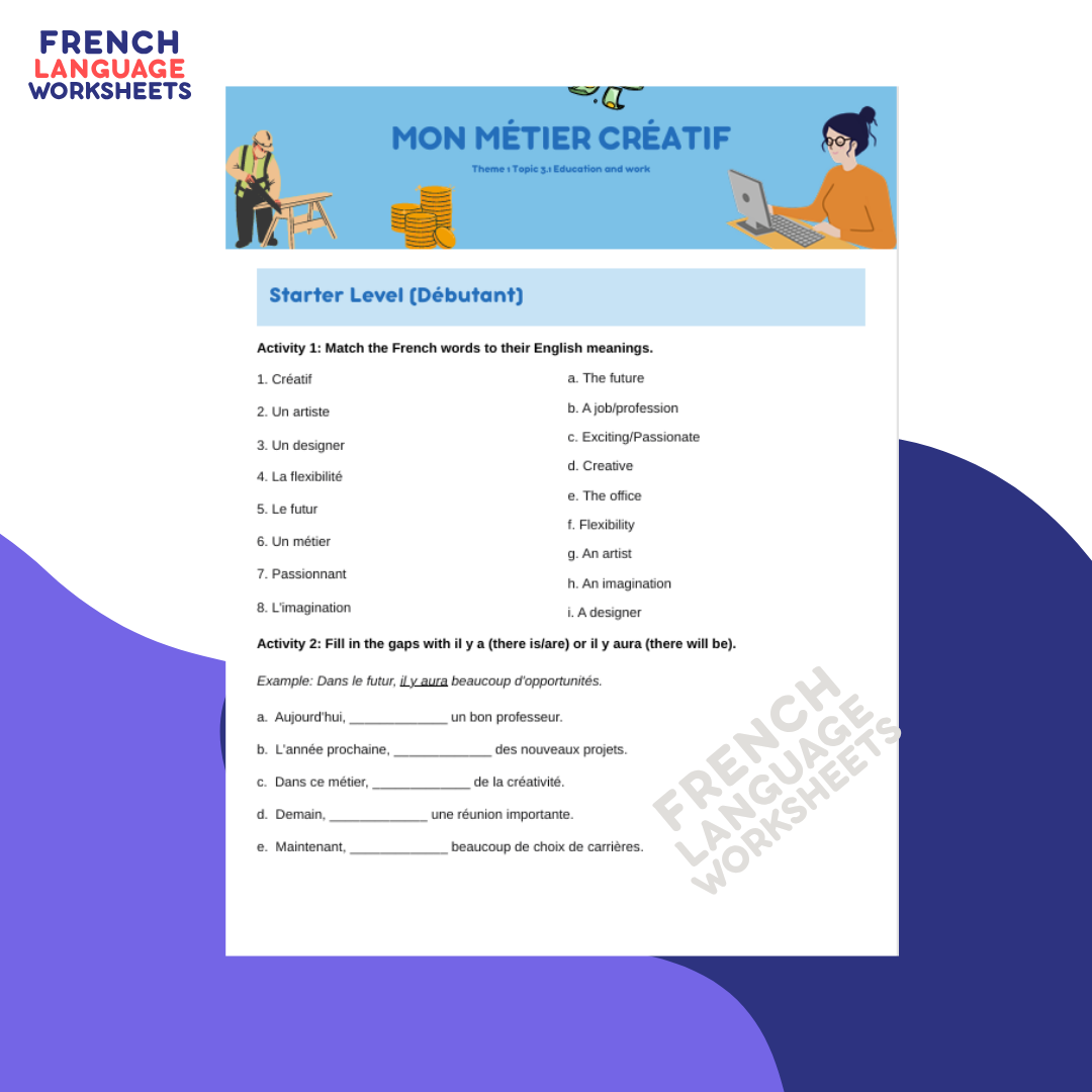 Mon Métier Créatif - GCSE French Worksheets (AQA Theme 1)