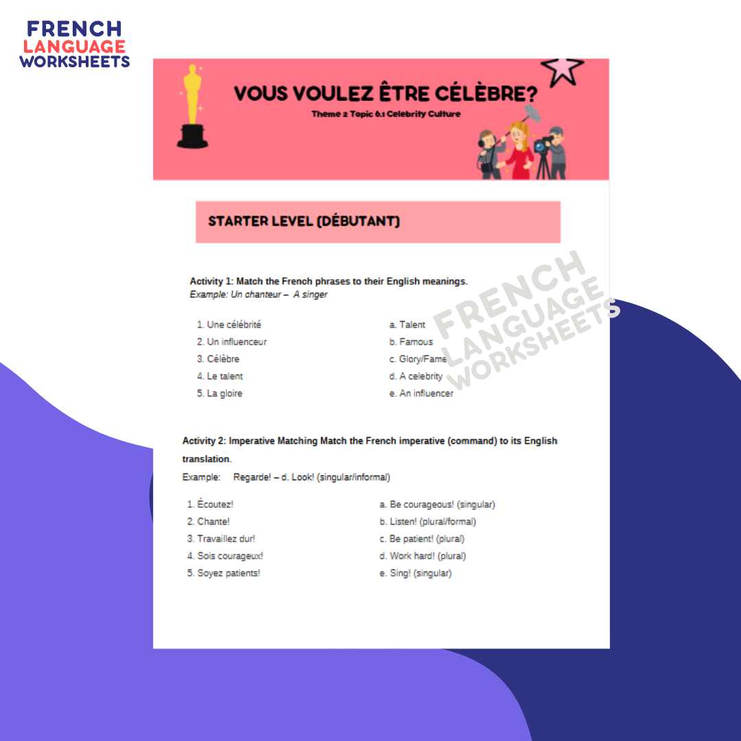 Vous voulez être célèbre? - GCSE French Worksheet (AQA Theme 2)
